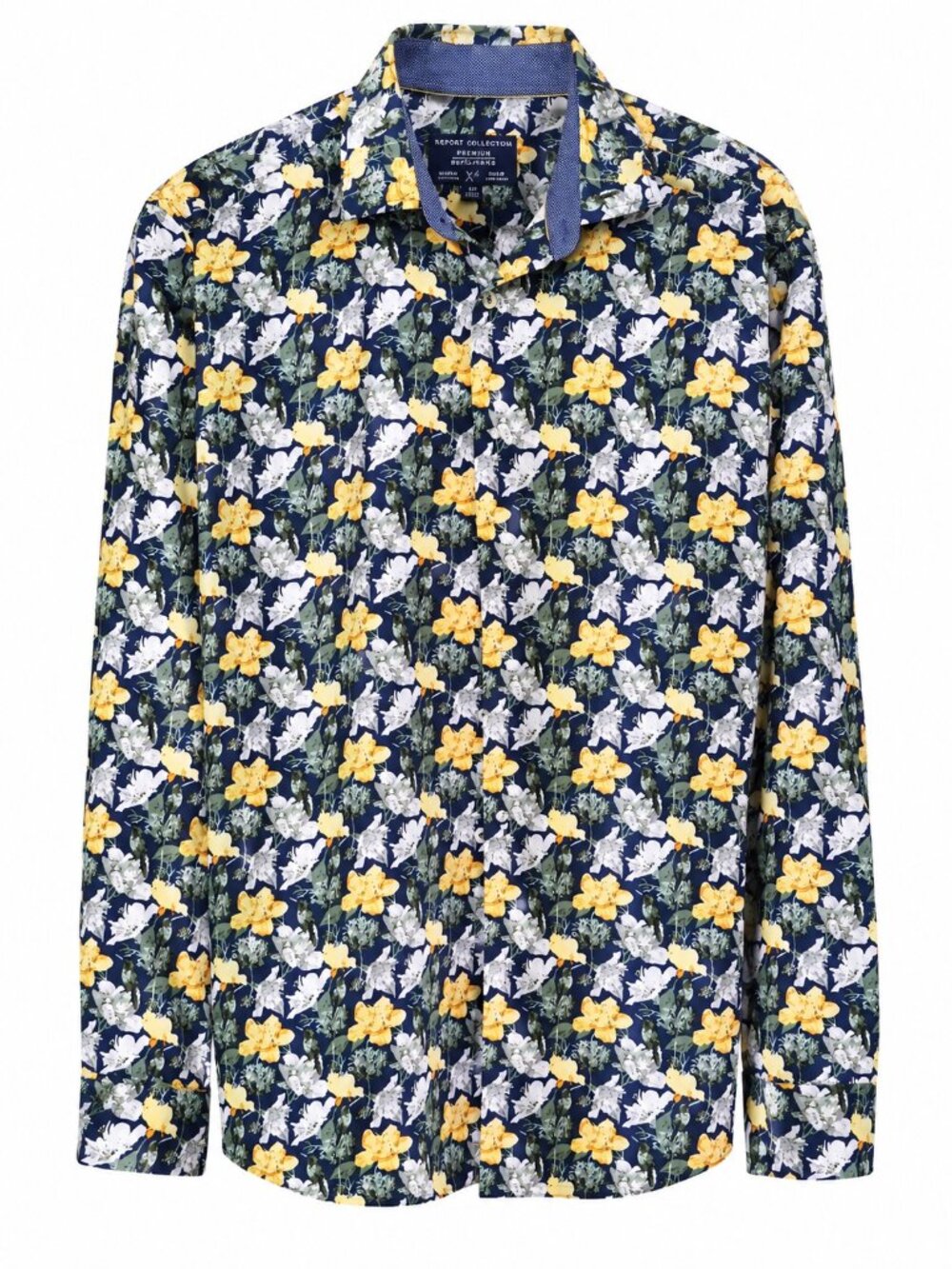 Navy Floral Premium Button-Up Shirt Mockup | Report Collection Size L For Men's